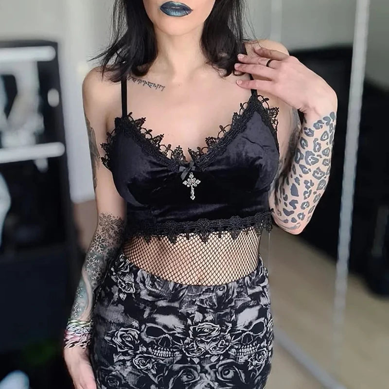 The Black Veil Gothic Camis featured in a moody, dimly lit setting, enhancing its dark, romantic vibe