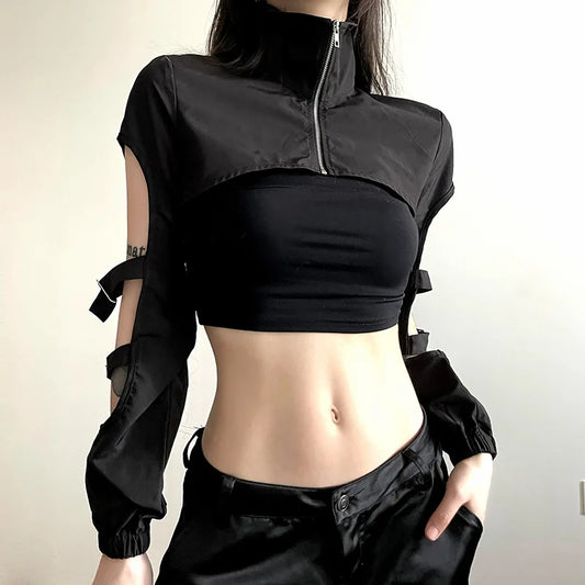 A black cropped cargo cardigan with edgy cut-out details, a turtleneck collar, and a front zipper, perfect for goth-tech fashion lovers.