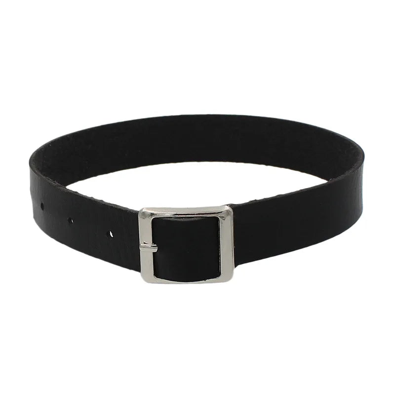 A black gothic belt choker featuring an adjustable buckle design, crafted from PU leather with silver-tone hardware. Perfect for alternative, punk, and grunge fashion.