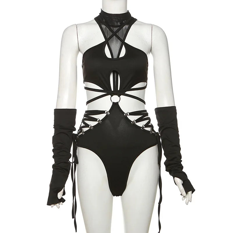 The Cyber Y2K Gothic Bandage Bodysuit displayed on a mannequin, highlighting its dramatic glove sleeves and punk-inspired silhouette.