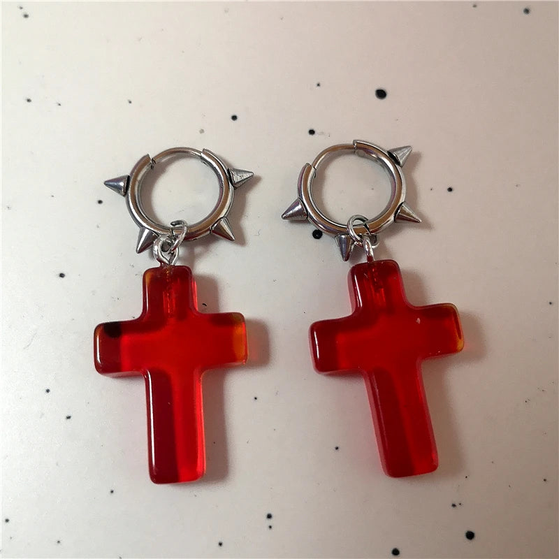 Simple red translucent crucifix necklace striking crucifix earrings, designed for gothic, emo, and punk styles.