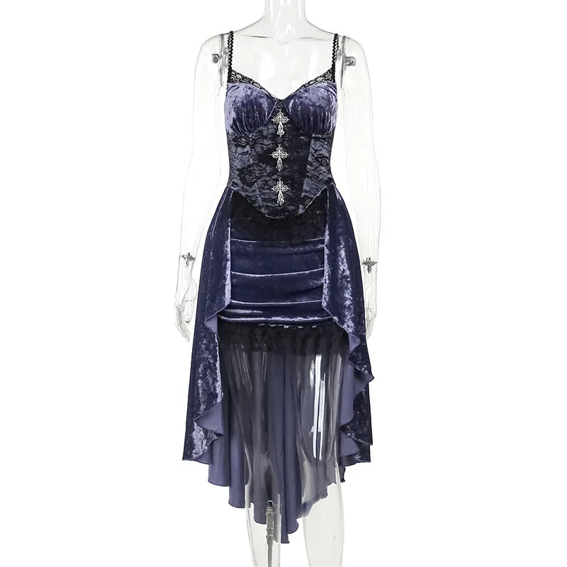 The Goth Dark Victoria Velvet Dress displayed on a mannequin, highlighting its dark romantic aesthetic with lace and velvet details.