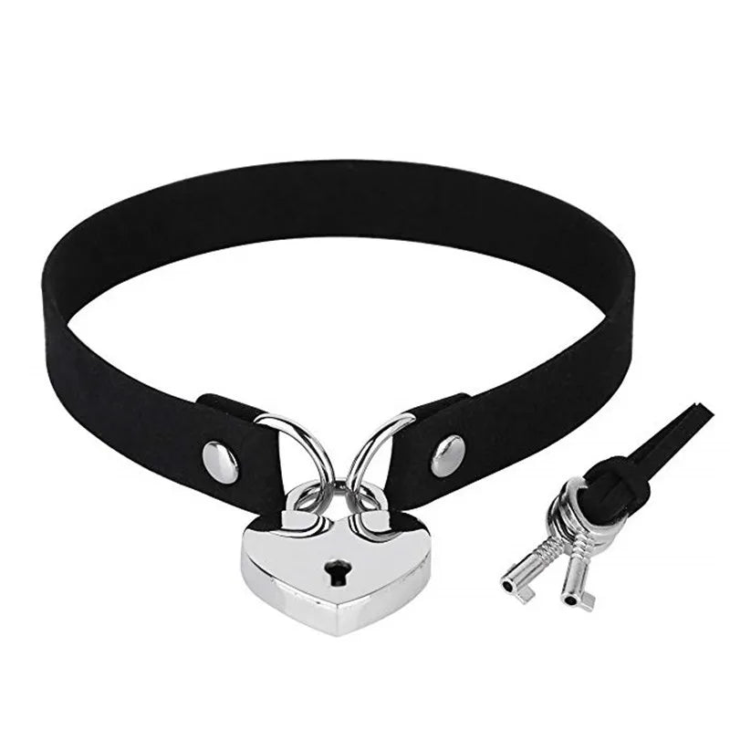 Black PU leather choker with a silver heart-shaped padlock and key