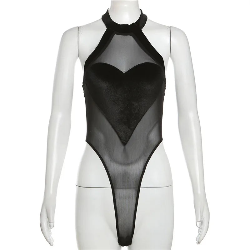 A black mesh bodysuit displayed on a mannequin, emphasizing its sheer elegance and sculpting halter neck fit.