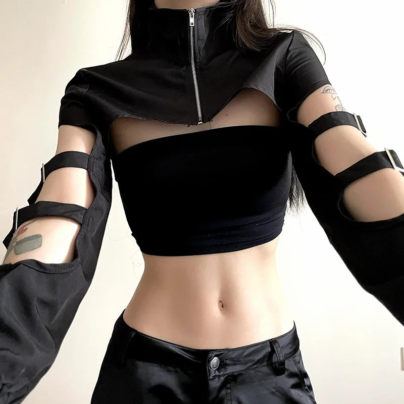 A high-fashion gothic crop jacket with cut-out panels, a turtleneck collar, and long sleeves, designed for alternative and dystopian streetwear lovers.