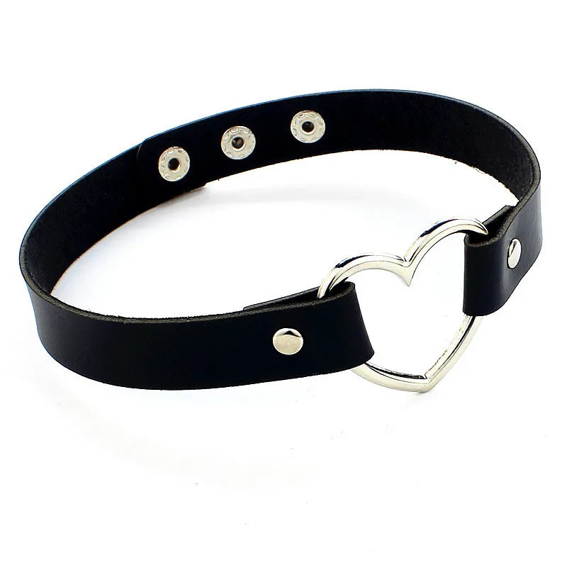 A thin black leather choker featuring a hollow silver heart charm at the center.