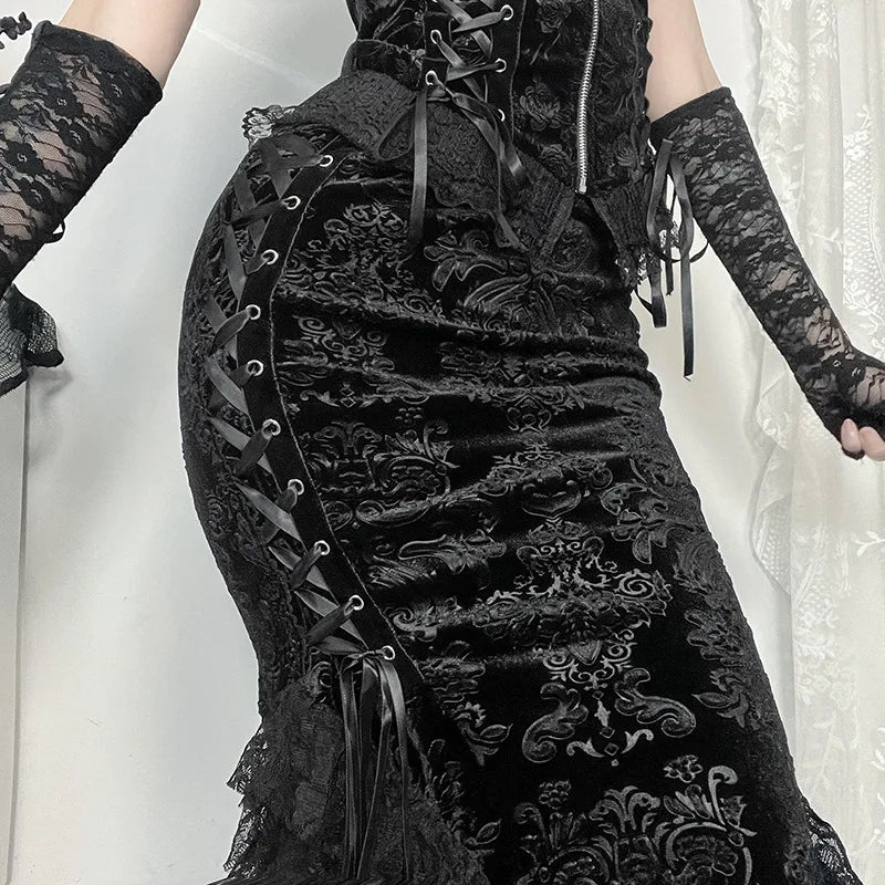 A side-angle view of the gothic mermaid skirt, showcasing the lace paneling and flared hem.