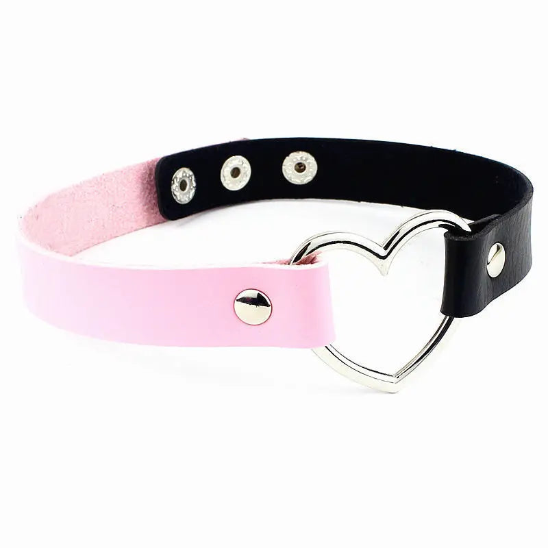 Pink and Black leather choker with a silver heart-shaped ring