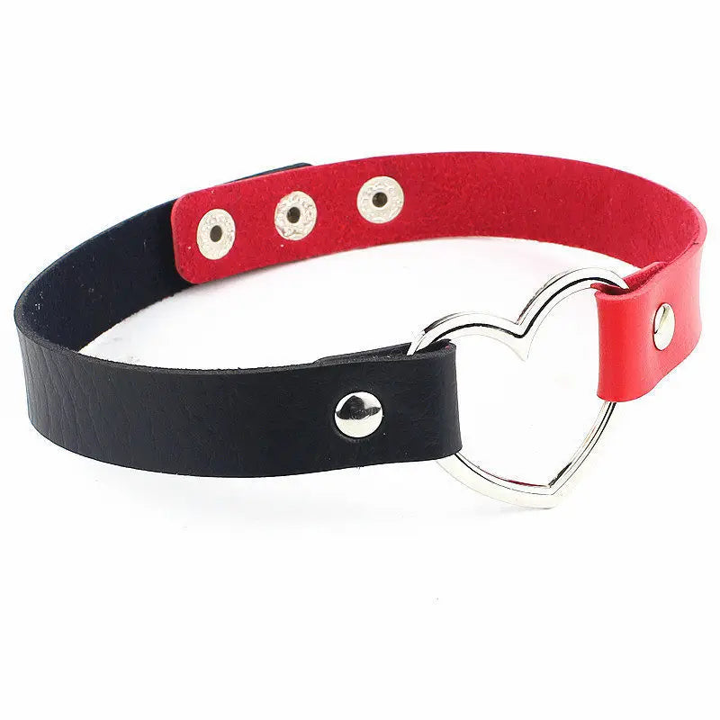 Red and Black leather choker with a silver heart-shaped ring