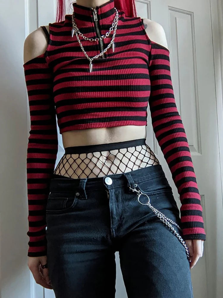 Striped Gothic Open-Shoulder Crop Top 🔮🖤