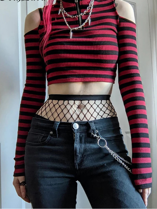 Striped Gothic Open-Shoulder Crop Top 🔮🖤