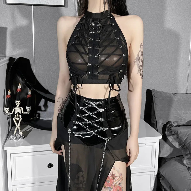 Gothic Punk Bandage Ring Lace-Up Crop Tank Top – Dare to Be Bold! 🔥🖤