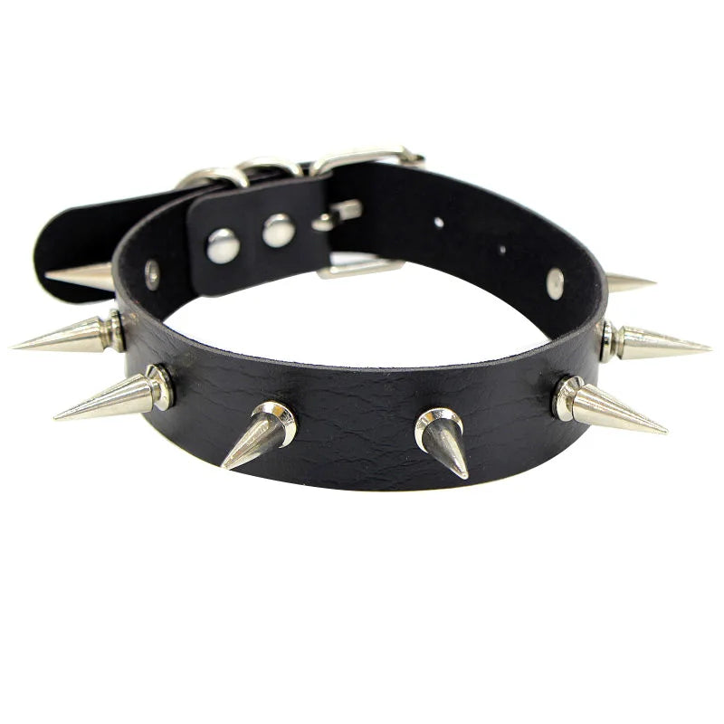 A wide black PU leather collar with long silver spikes and a buckle closure.