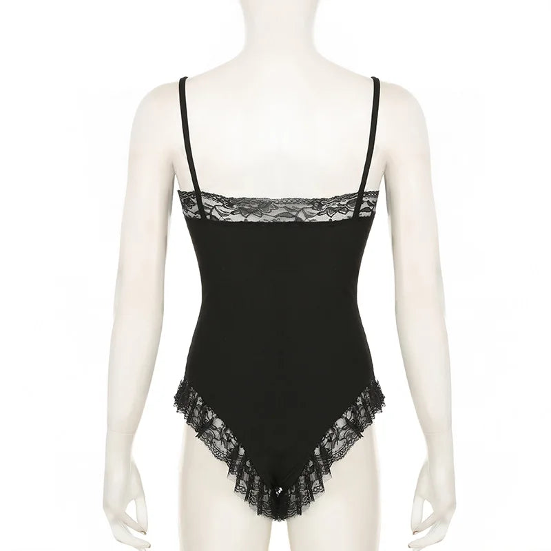 Back view of the Dark Fairy Lace Bodysuit, highlighting its curve-hugging fit and adjustable straps