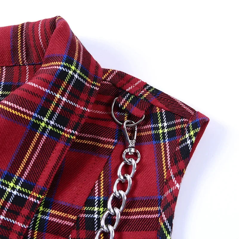 Close-up of the Gothic Chains Plaid Crop, showcasing the chain collar details and structured twill fabric.