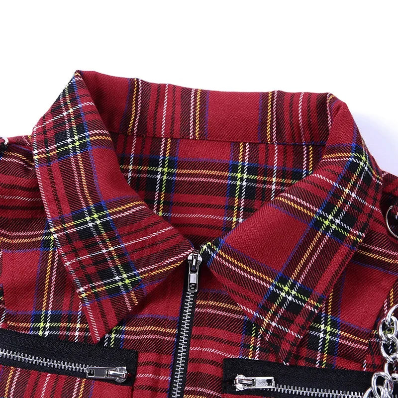 Close-up of the Gothic Chains Plaid Crop, showcasing the intricate zipper and collar.