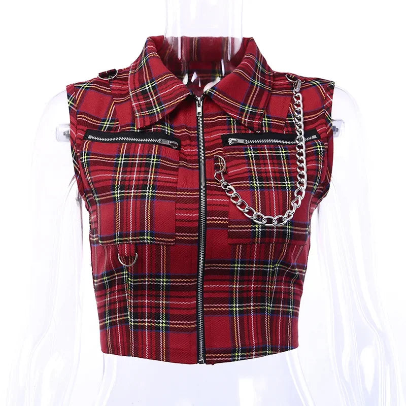 The Gothic Chains Plaid Crop displayed against a neutral background, showcasing its bold design and structured fit.