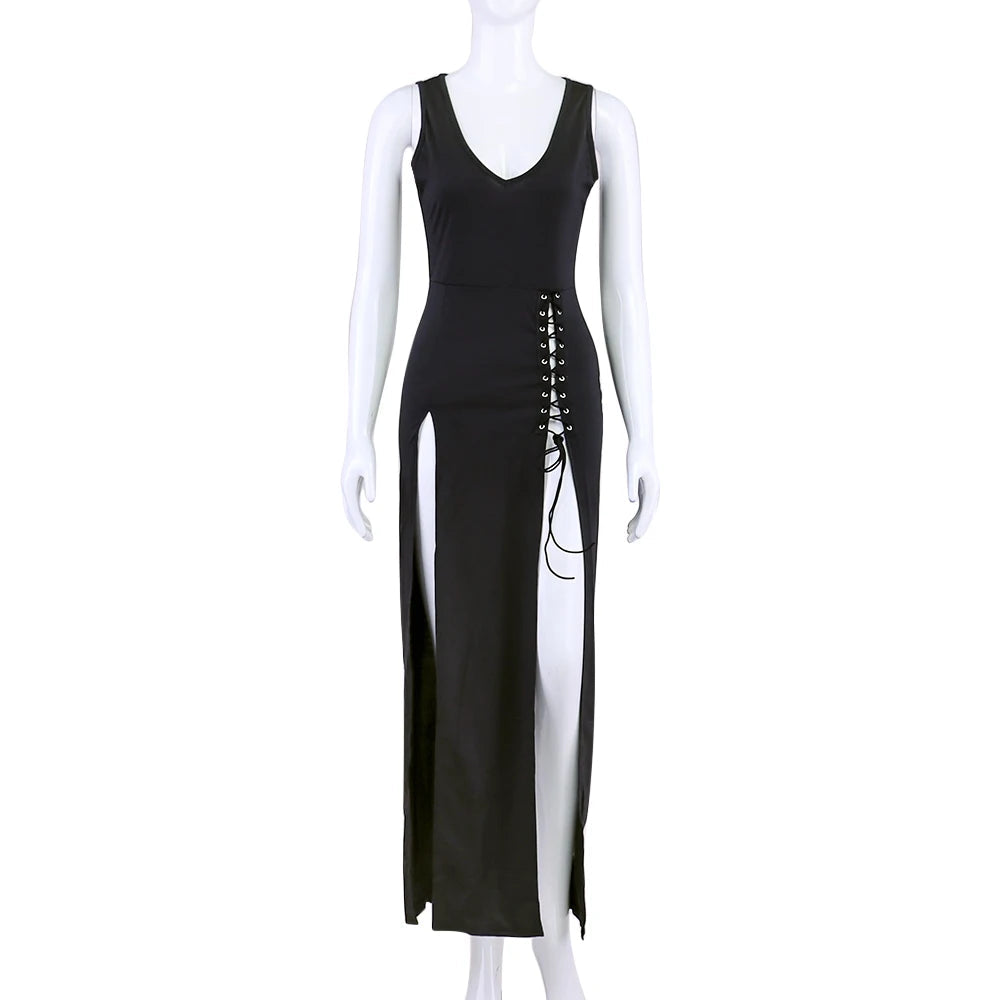 The Midnight Temptress Gothic Dress displayed against a neutral background, showcasing its elegant V-neck, corset-inspired design, and high-slit hem