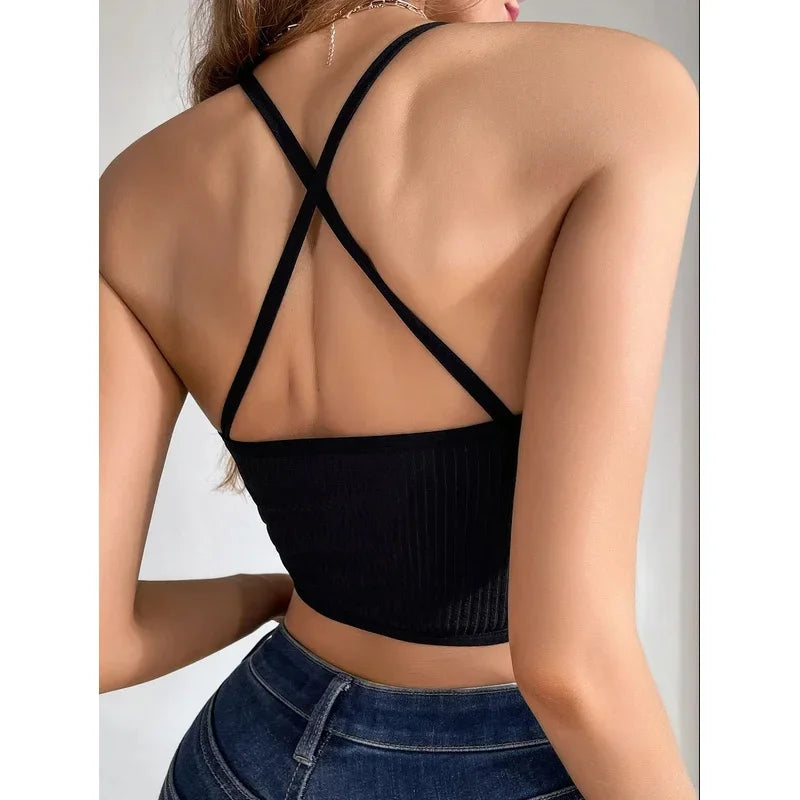 Back view of the Sexy Mesh Camisole Corset Crop Top, featuring its sleek, backless style with adjustable straps