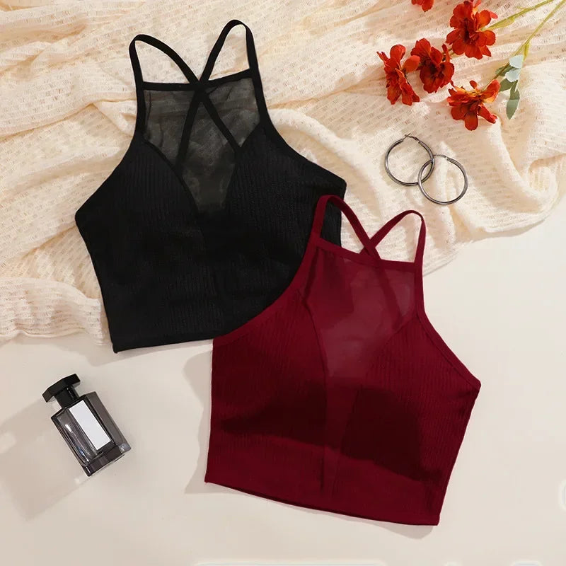 A flat-lay display of the Sexy Mesh Camisole Corset Crop Top, showcasing its lightweight, stretchy fabric